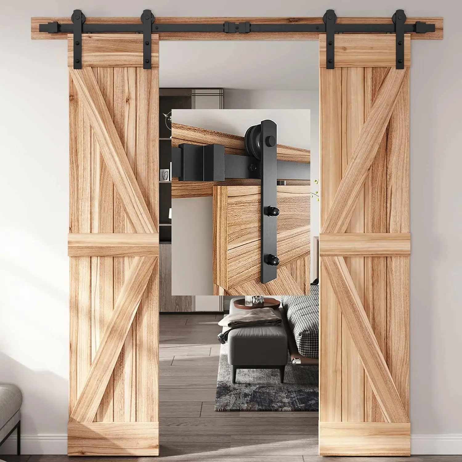 

LWZH Black Carbon Steel Sliding Barn Door Hardware 6-16FT Track Roller for Double Door (I-Shaped)