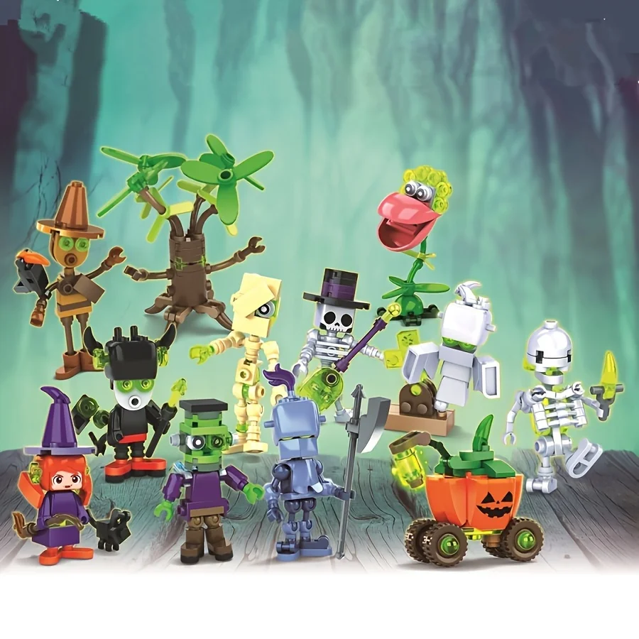 Halloween micro particle building blocks desktop decoration, self-assembly, haunted house model decoration toys, 12 styles a set