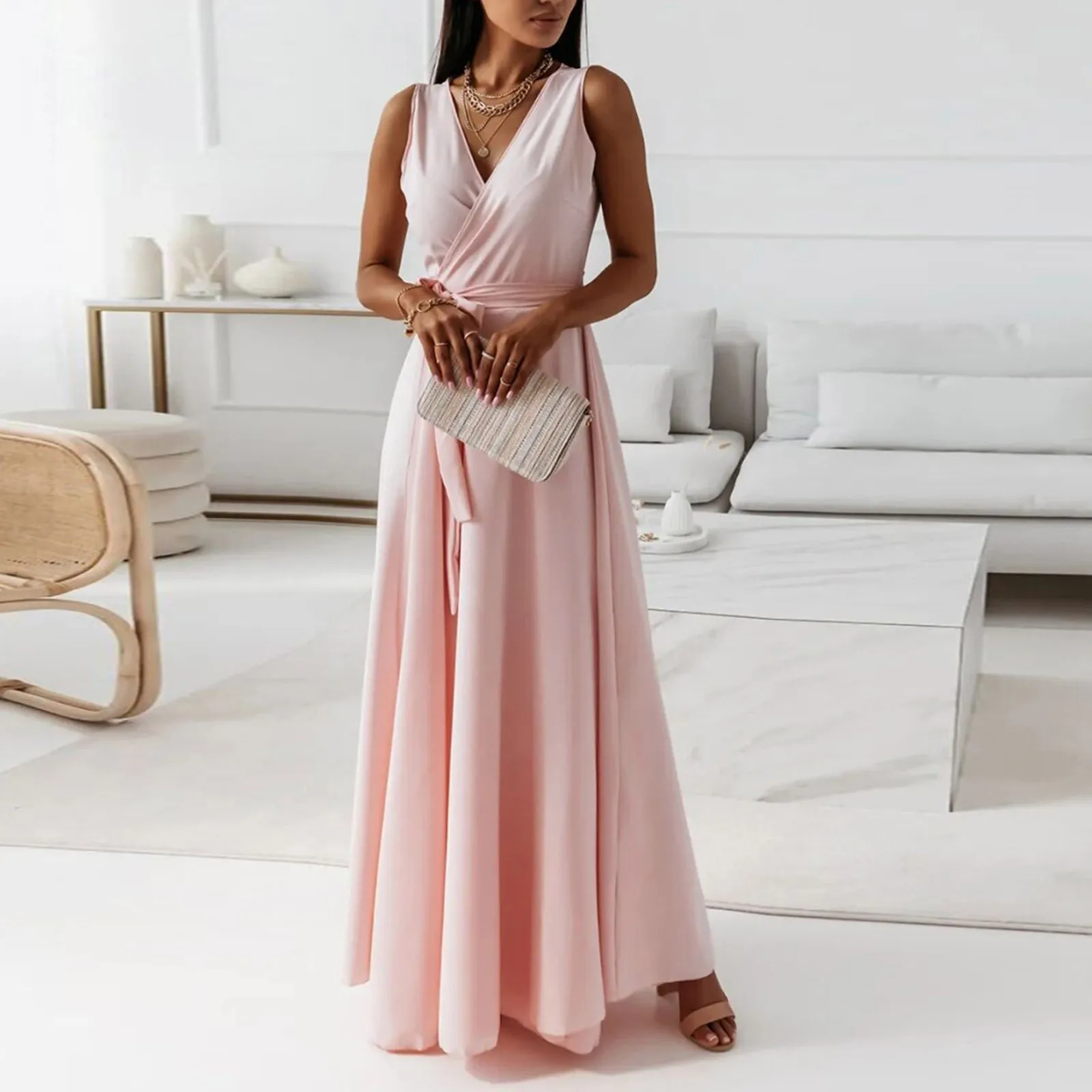 

2024 Women's Solid Colour V Neck Gowns Dresses Sleeveless High Waist Tie Long Dress Elegant Summer Evening Party Dresses
