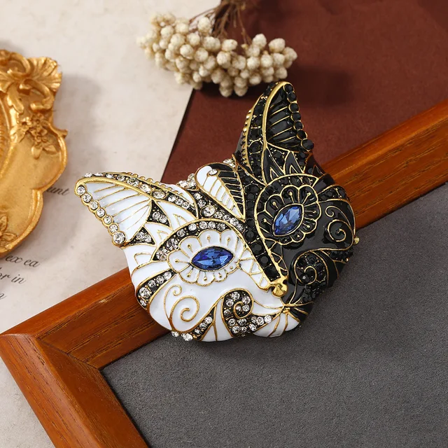Vintage Women Craive Cat Mask Enamel Painting Crystal Brooches Pins Retro Baroque Palace Drip Oil Badges Suit Office Accessories 1