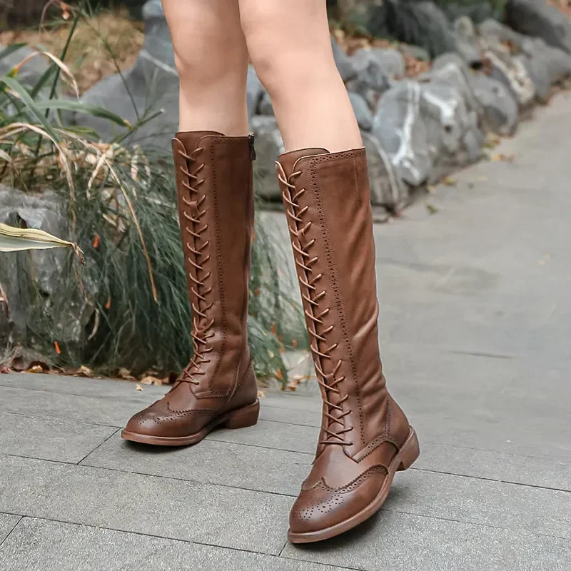 

Birkuir Retro Women Long Boots Lace Up Zippers Low Heel Boots Genuine Leather Winter Warm Fur Snow Boots Thick Heel Shoes Ladies
