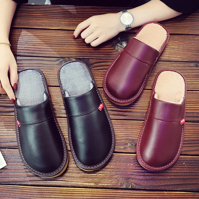 Cotton Slippers Women  Big Sizes PU Leather Home Men Indoor House for Men's Slippers Women Man Slipper Luxury Warmer Flat Shoes