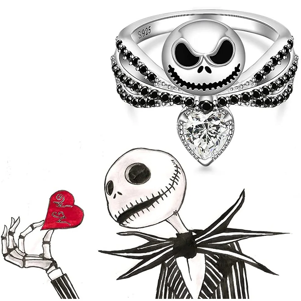Disney Jack Skull Ring The Nightmare Before Christmas Anelli Con Ciondoli In Cristallo Smaltato Nero Gioielli Di Halloween Regali Per Donna Ragazza