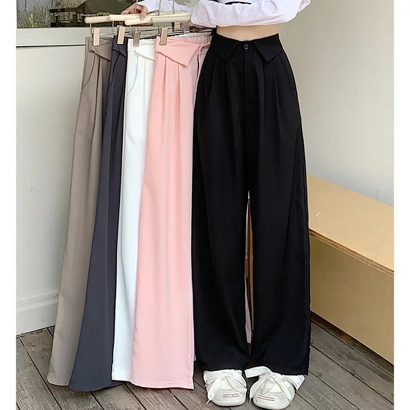 Women Elastic High Waisted Wide Leg Suit Pants Casual Solid Basic Pocket Slacks Pants Elegant Office