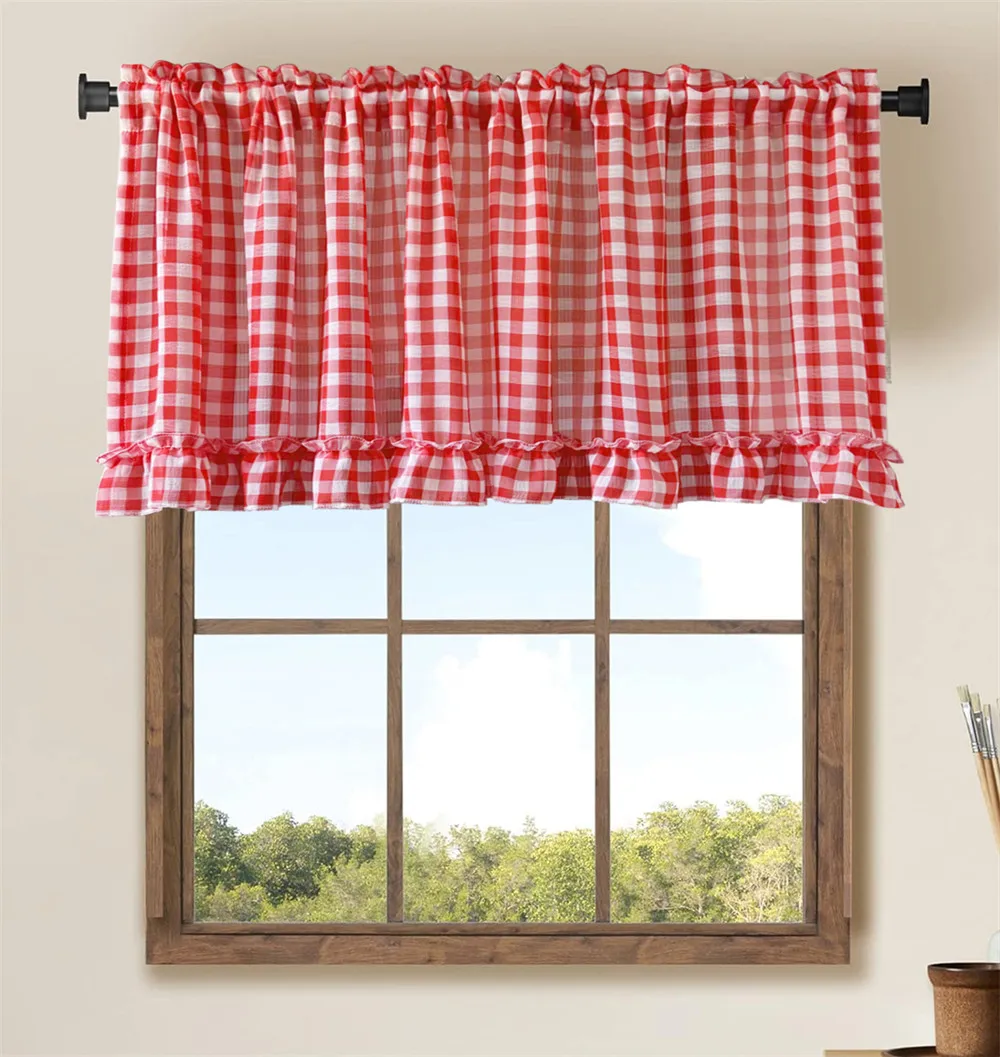 Classic Red Plaid Ruffle Short Cafe Curtains for Kitchen Bedroom Sheer Voile Valance Small Window Drapes Rod Pocket