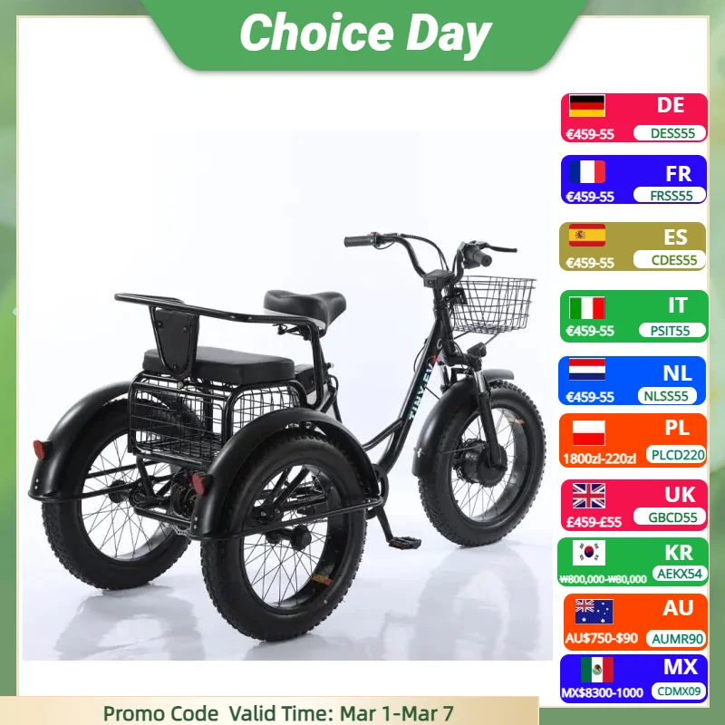 Tricycle électrique à 3 roues de vélo électrique de 20 pouces avec siège de passager pour adulte 48v 500w batterie au Lithium puissante amovible