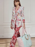 HIGH STREET Newest 2026 Designer Runway Suit Set Women's 3/4 Sleeve Feather Printed Blazer Flare Pants Set 2pcs