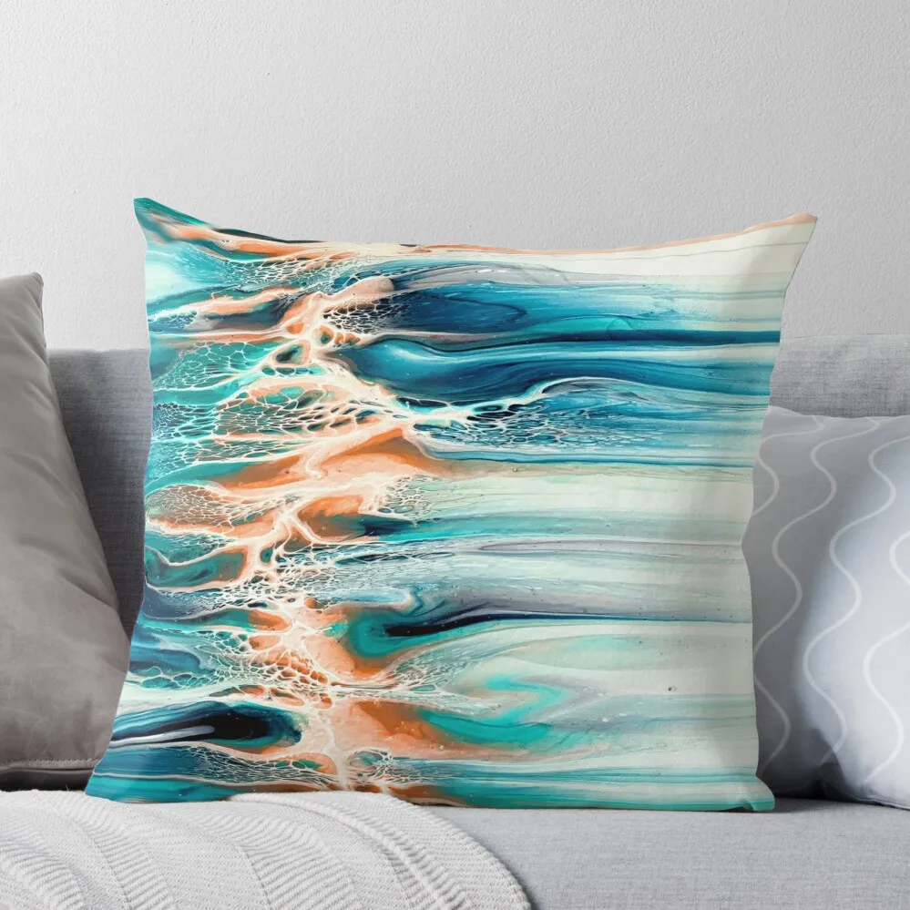 

Coral, Blue, Teal, and Grey Ocean Inspired Abstract Fluid Art Throw Pillow Room decorating items home decor items