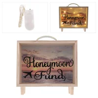 Honeymoon Fund Box Rustic Wood Box Wedding Saving Pot Shadow Piggy Bank with String Light for Weddings Birthday Graduation 1