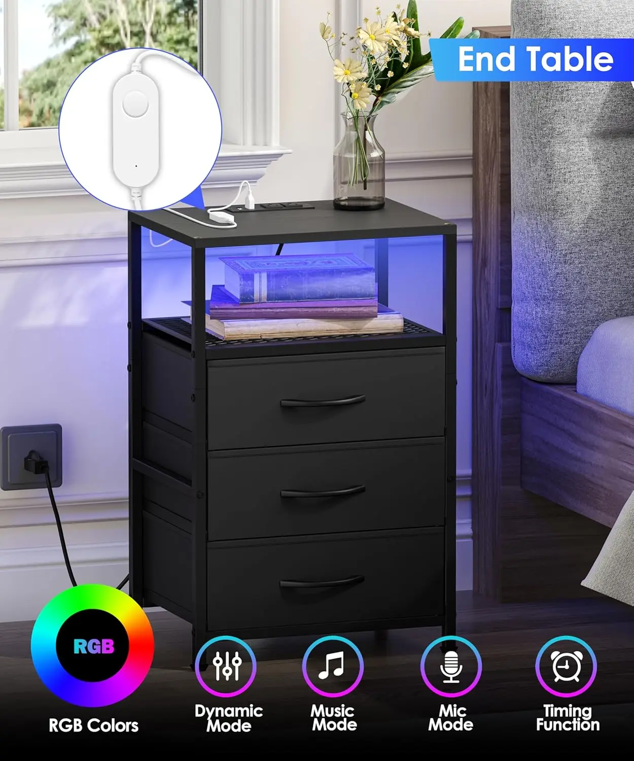 Modern LED Nightstand with Charging Station, Fabric Drawers, and Open Shelf for Bedroom in Black