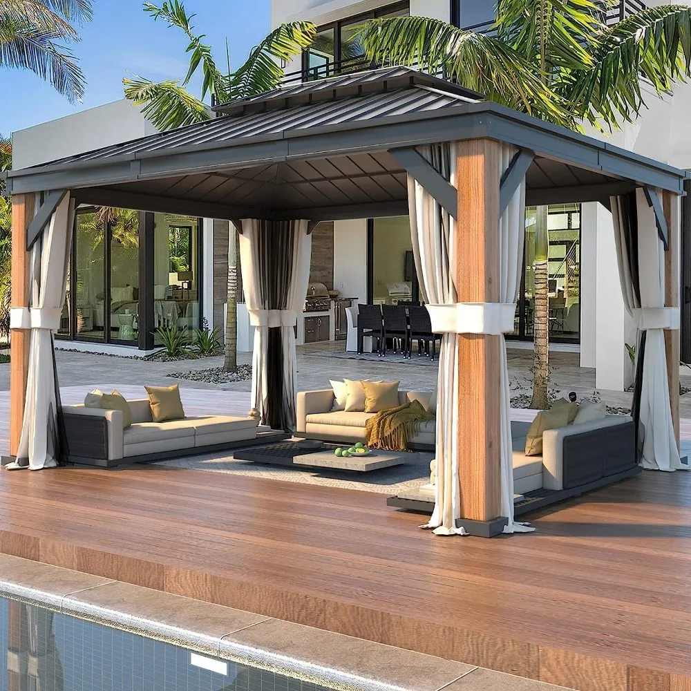

12'x16 'thick artificial wood grain aluminum frame hard top pavilion, outdoor pavilion with mesh and curtains for free delivery