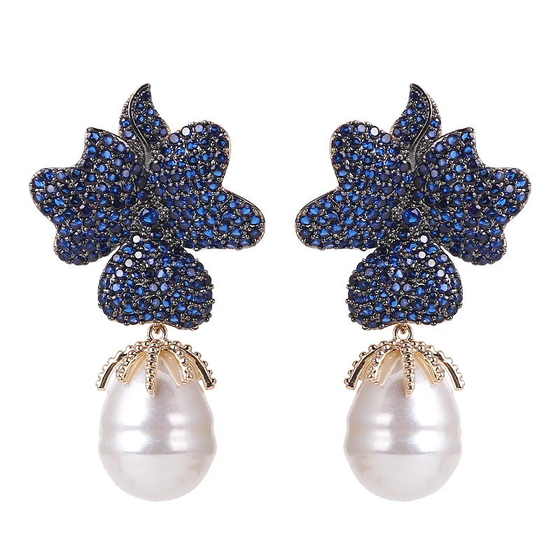 

Luxury Flower New Pearl Pendant Earrings Beautiful Micro-inlay CZ Earring Fashion Women Jewelry Wedding Bridal Earrings