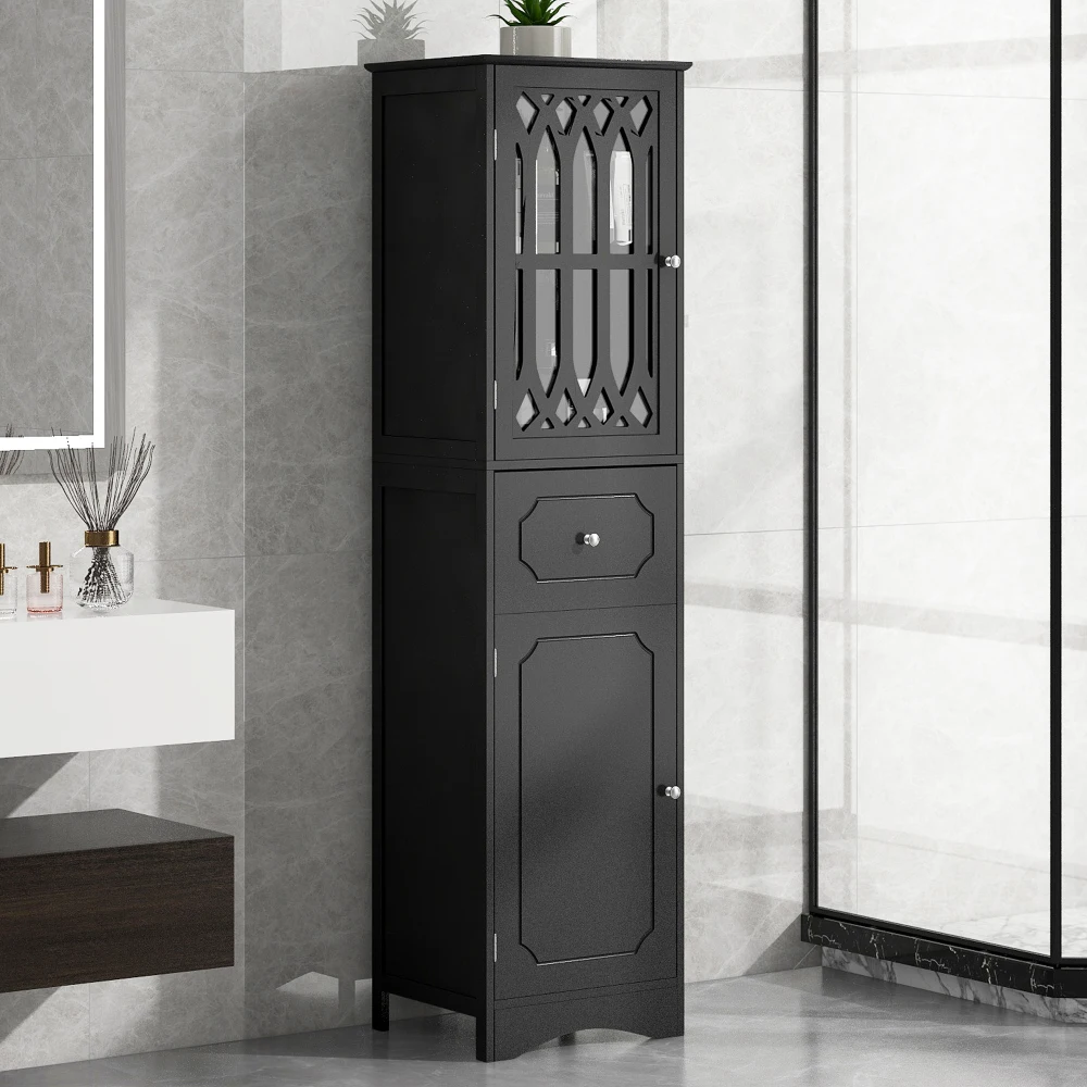 Tall Bathroom Cabinet, Freestanding Storage Cabinet With Drawer And Doors, MDF Board, Acrylic Door, Adjustable Shelf, Black 2