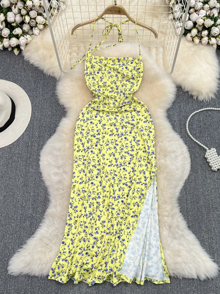 

Summer Boho Floral Dresses for Women Sexy Neck-mounted Slim Split Hip Wrap Dress Back Hollowed Out Vestidos De Mujer Hot