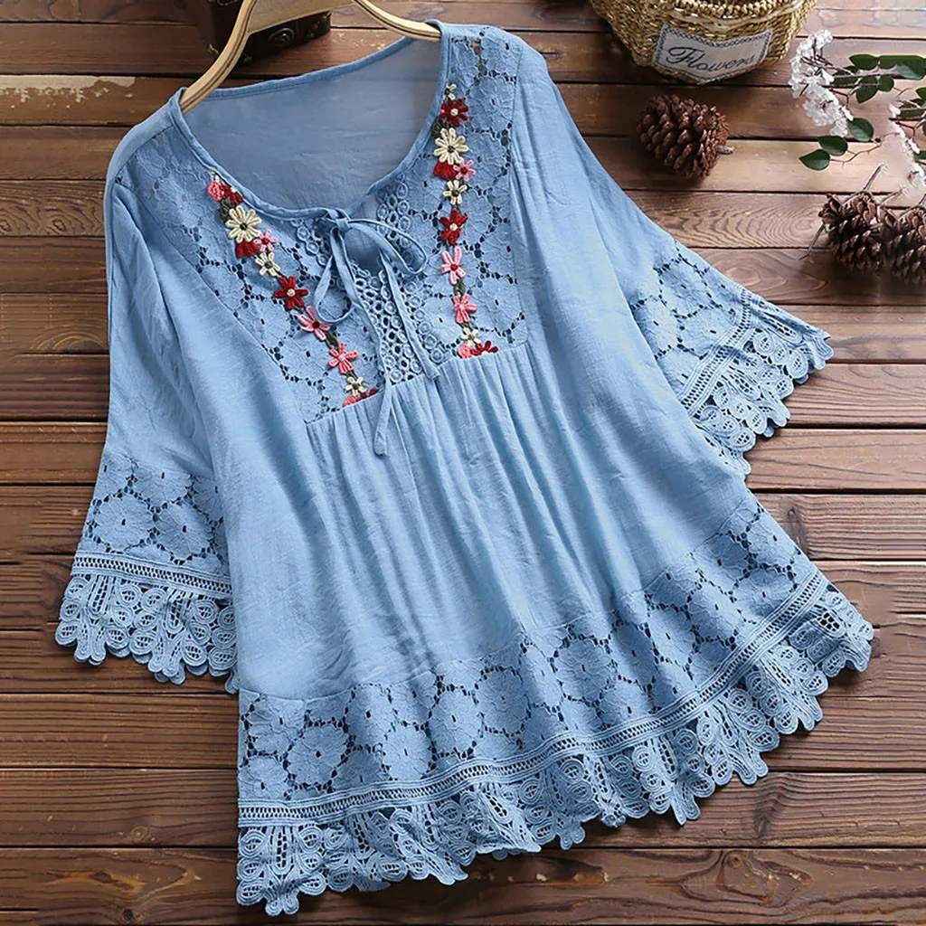 

Летние Элегантные женские рубашки, модная кружевная Лоскутная Блузка с цветочной вышивкой, рукава три четверти, v-образный вырез, повседневные топы