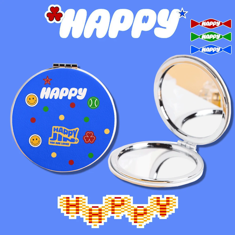 PU Leather Kpop Mini Portable Mirror HAPPY RUNNING WILD Makeup Folding Cosmetics Fun Gifts Accessories Merchs kpop mirror