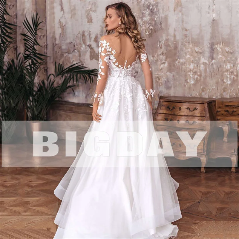 Elegant A-Line Wedding Dress Women Open Back V-Neck Lace Long Sleeve Side Split Tulle Bridal Gown Vestidos De Noiva Customized 2