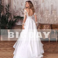 Elegant A-Line Wedding Dress Women Open Back V-Neck Lace Long Sleeve Side Split Tulle Bridal Gown Vestidos De Noiva Customized 2