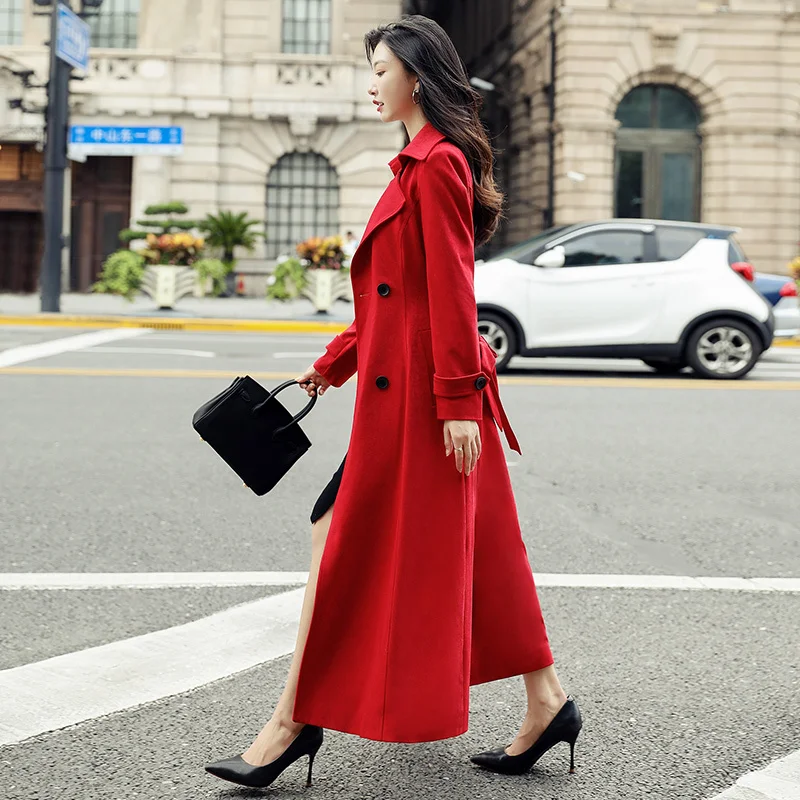 

2023 New Red Windbreaker Coat Women's Long Spring and Autumn High end Fashion Style British Style Coat Over Knee Length