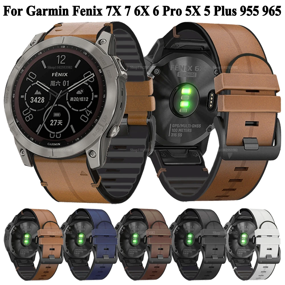 

26mm 22mm Leather Silicone QuickFit Watch Band For Garmin Fenix 6 6X 7 7X Pro 5 5X Plus Epix 955 965 Strap Replacement Bracelet
