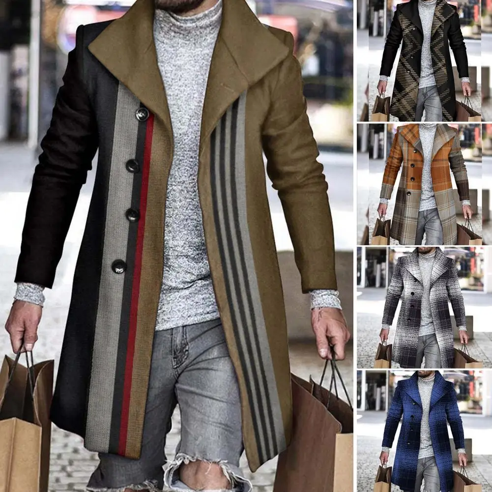 

Woolen Overcoat Stylish Warm Men Windbreaker Autumn Winter Mid-Length Plaid Patchwork Thickened Woolen Coat for Trip