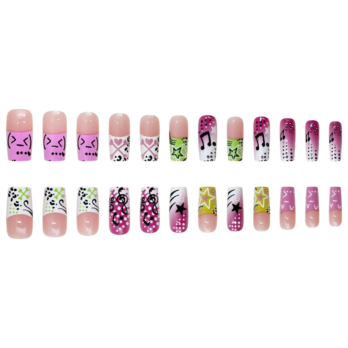 24개 Y2K 걸 스타일 가짜 손톱, 음악 노트와 별 패턴, 롱 코핀형, 착용 가능한 스파이시 걸스 발레 프레스온 네일