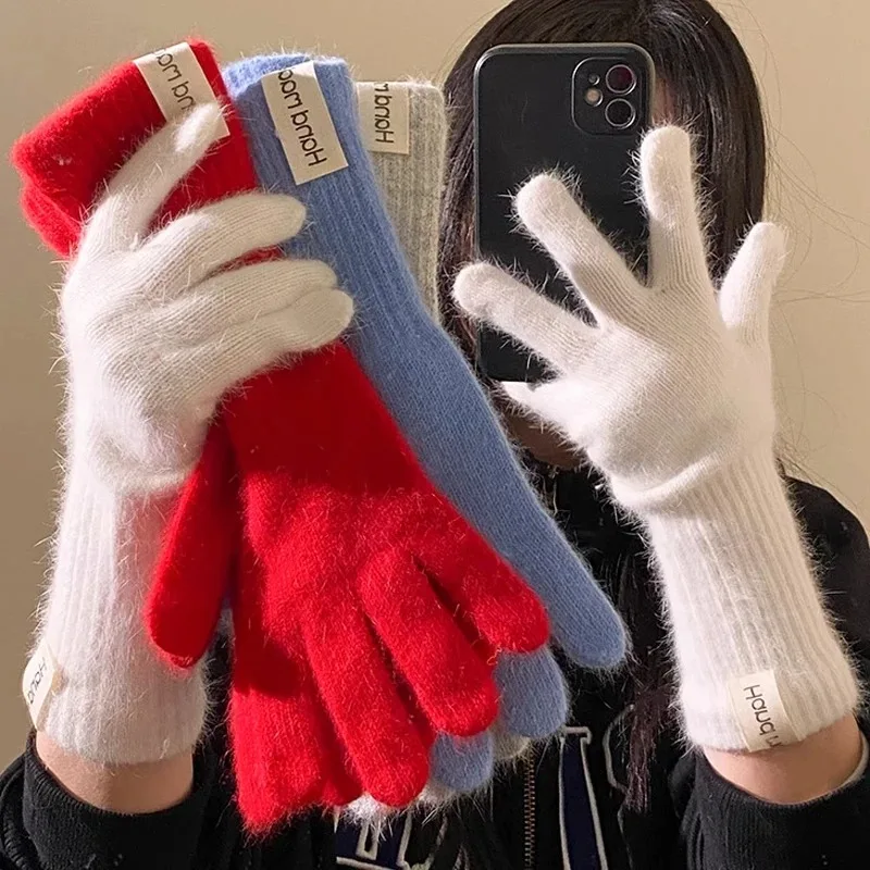 Women Wool Cashmere Gloves Cable Knit Touchscreen Finger Hole Winter Autumn Warm Wrist Length Classic Gloves Female Mitten - 5