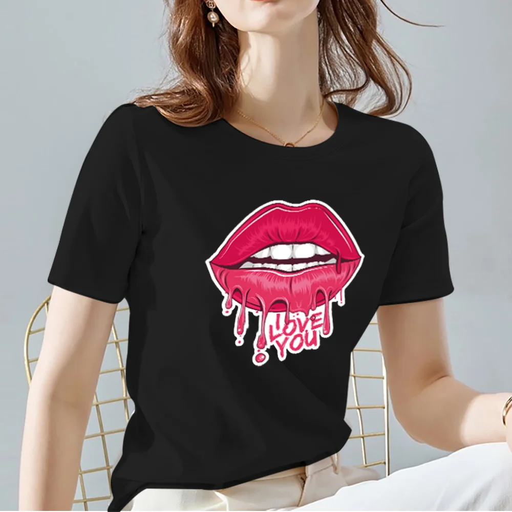 Magliette Da Donna Labbra Divertenti E Affascinanti Serie Di Modelli Top Da Donna Nero All-Match Commuter Ladies Manica Corta Abbigliamento Femminile