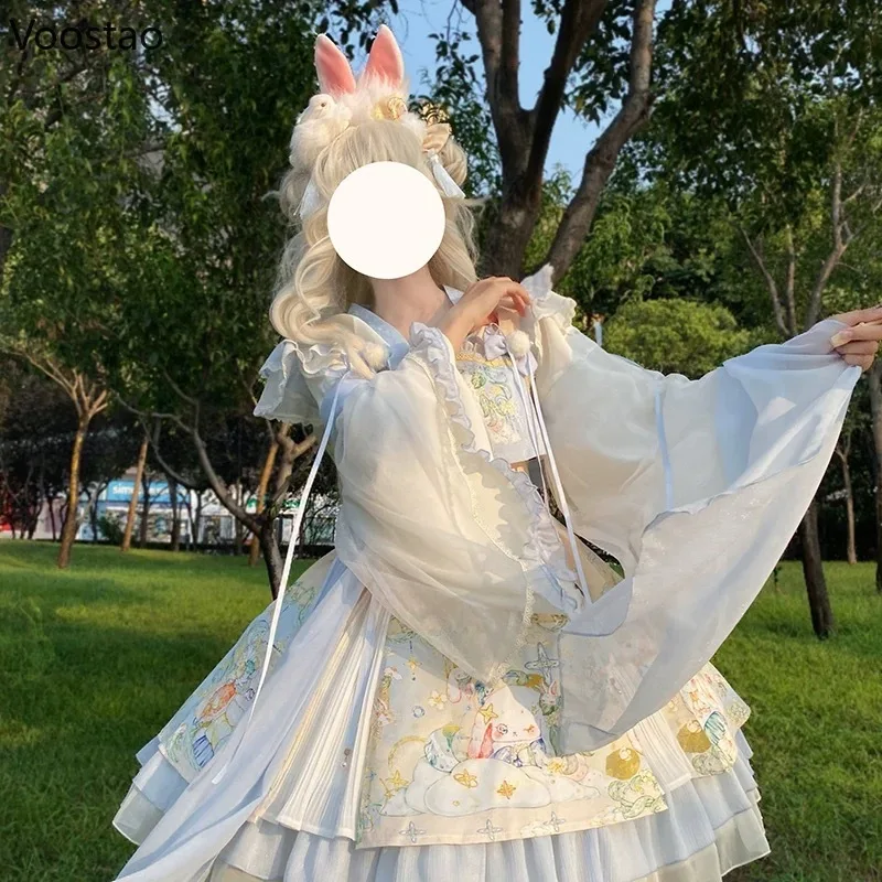 Sweet Lolita Princess Dress Set Women Kawaii Cute Cartoon Rabbit Print Party Mini Dresses Girl Harajuku Y2k Long Sleeve Vestidos