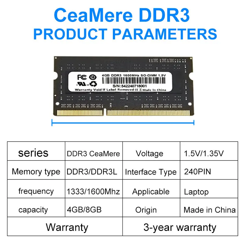 Ceamere DDR3 20 PCS 노트북 범용 메모리, ddr3 메모리 240 핀 RAM, 4g, 8g, 1333mhz, 1600mhz 노트북 메모리 카드 도매