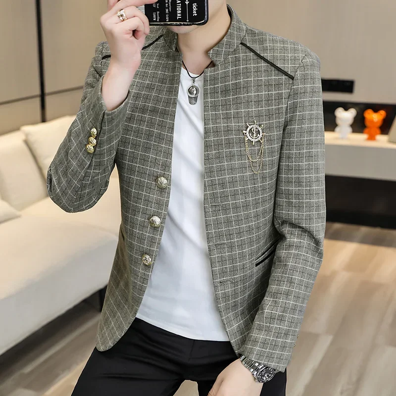 

2022 Autumn Stand Collar Men Blazers Slim Fit Casual Suit Jacket Fashion Plaid Business Social Coat Wedding Groom Dress Blazer