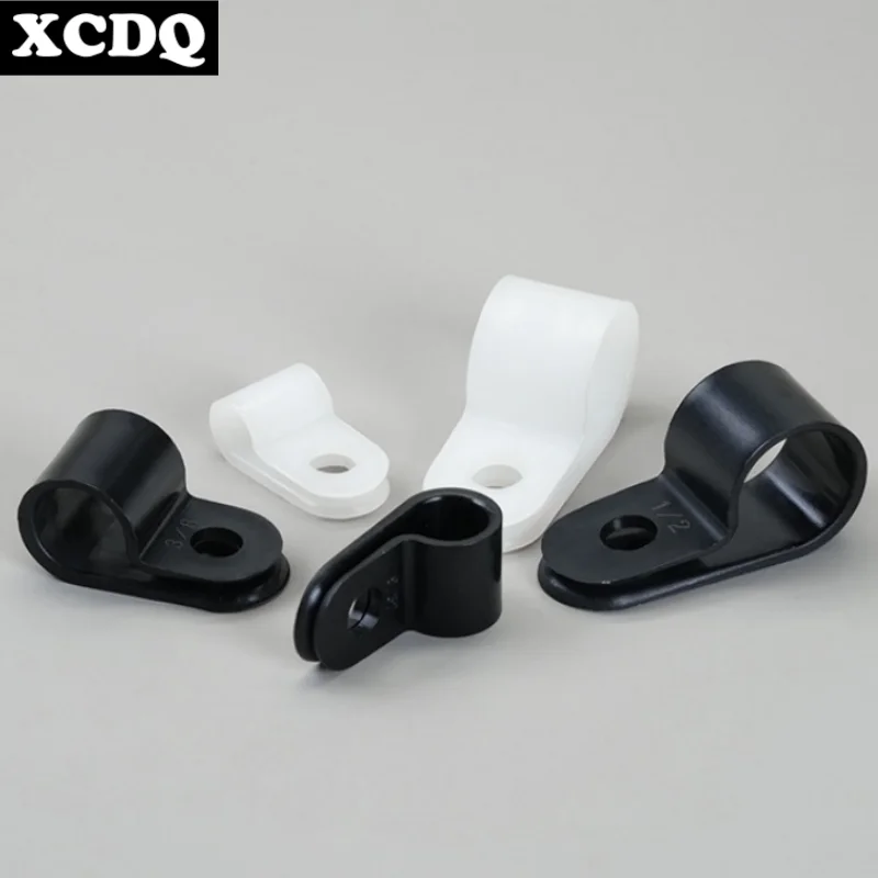 Cable Clips 100pcs White R Shape Screw Fixing Nylon PA66 Plastic Desk Office Electric Wire Holder Fastener Management