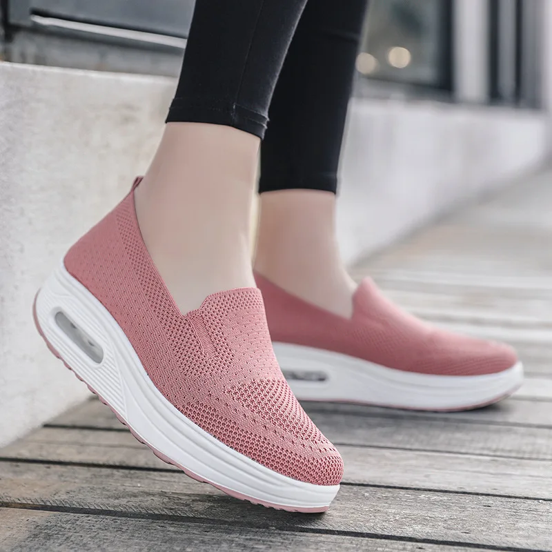 Spring Autumn Women's Thick Sole Elevated Sports Casual Shoes Flying Weaving Mesh Air Cushioned Walking Shoes