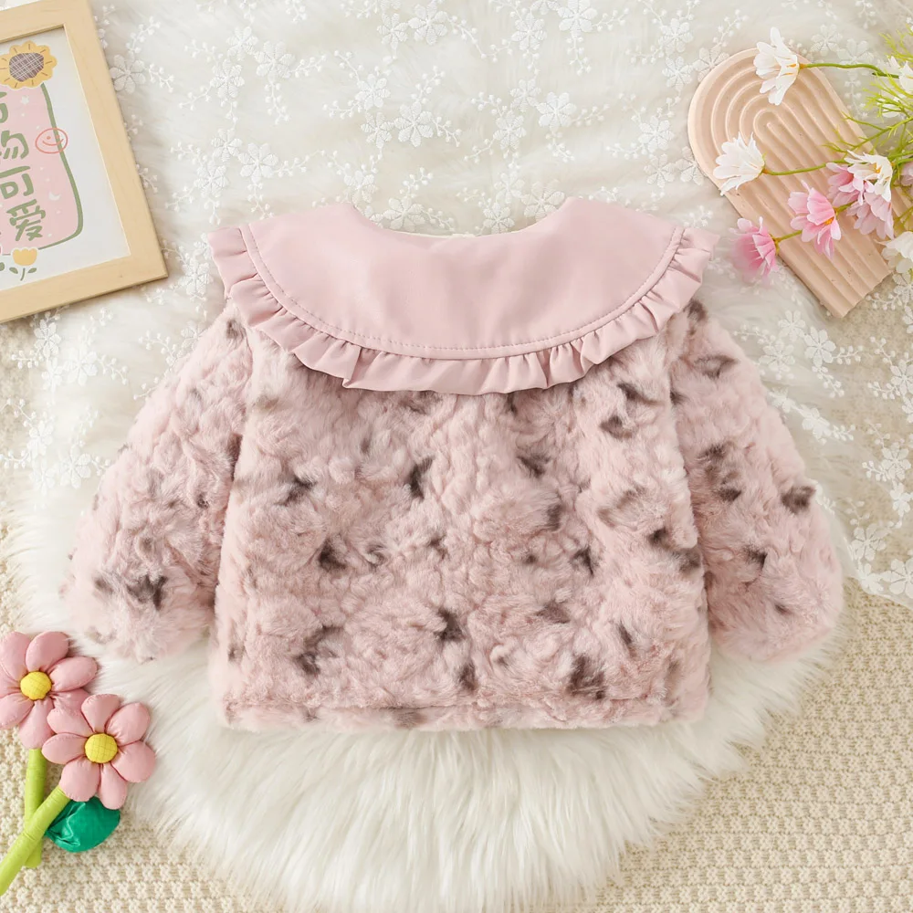 Winter New Girl's Coat Fluffy Sweet Cute Coat + Cross Bow Lace Fold Lapel Warm Thick Padded with Fashion Button