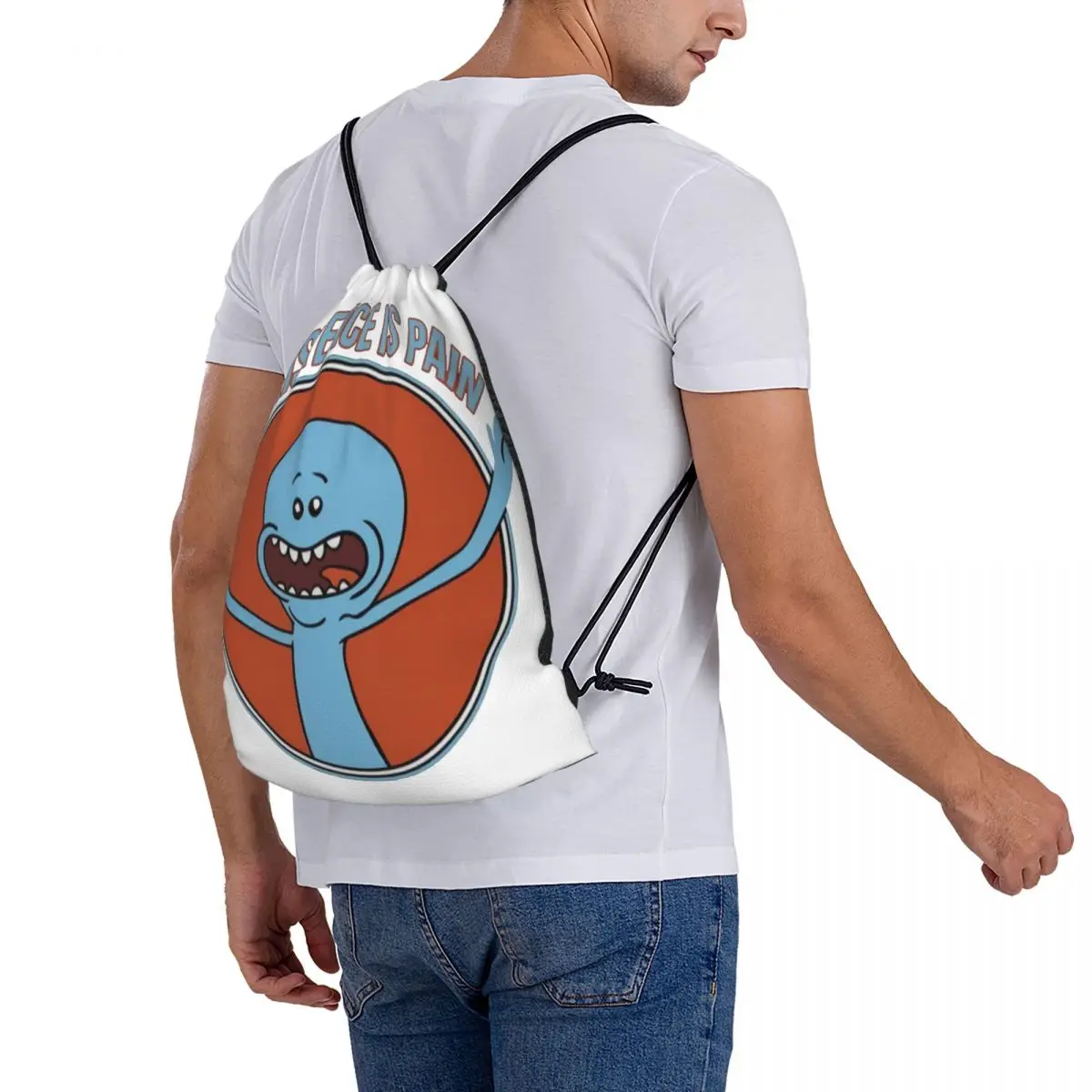 Mr Meeseeks 존재 통증, 재미있는 노벨티 드로스트링 백, 배낭 여행 메쉬 가방, 맞춤형 파우치, 맞춤형 배낭