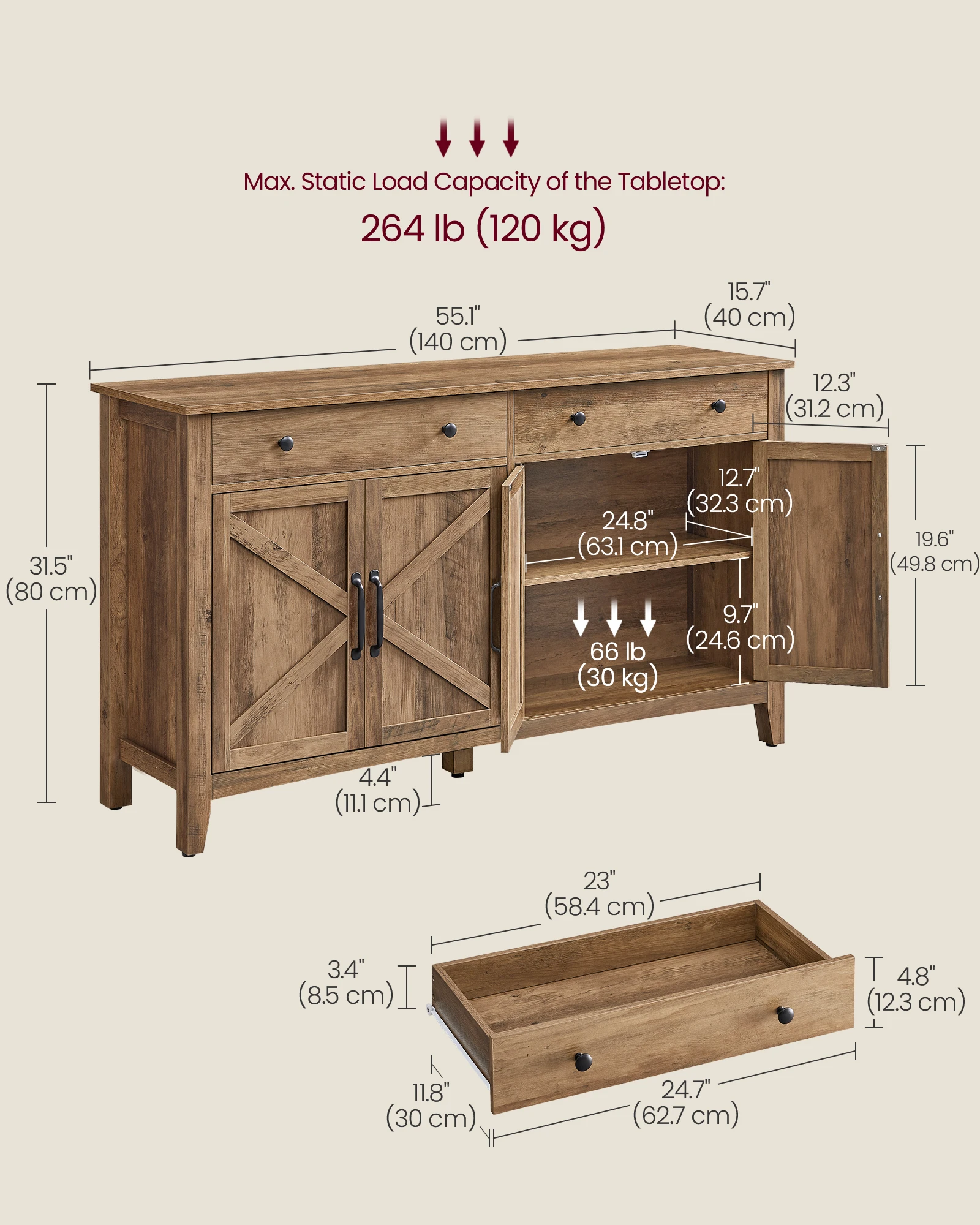 VASAGLE Coffee Bar Cabinet, Kitchen Storage Cabinet with 2 Drawers, Farmhouse Cabinet Sideboard with Adjustable Shelves
