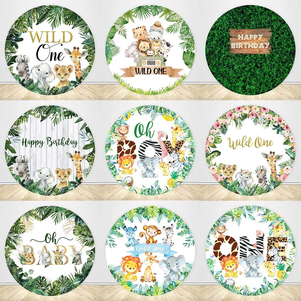 

Safari Party Wild One Baby Birthday Round Backdrop Cover Forest Jungle Baby Shower Photography Background Photocall Circle Decor