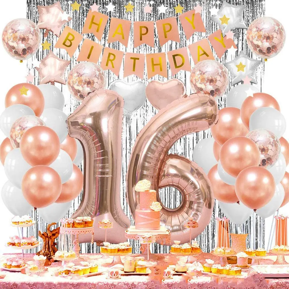 

Sweet 16 Party Decorations Rose Gold Number Foil Balloons Girl 16th Years Old Happy Birthday Favors Sixteen Anniversary Supplies