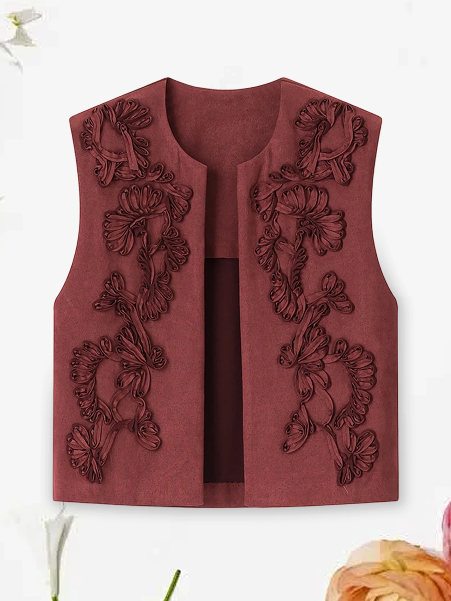 Ladies Autumn Winter Vest Fashionable Faux Suede Embroidered Sleeveless Coat with Casual Chic Design