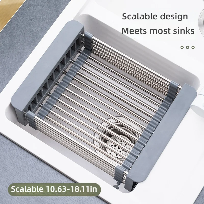 Adjustable Folding Kitchen Sink Stainless Steel Dish Drain Rack Space-Saving Sink Storage Sink Drain Rack Fittings
