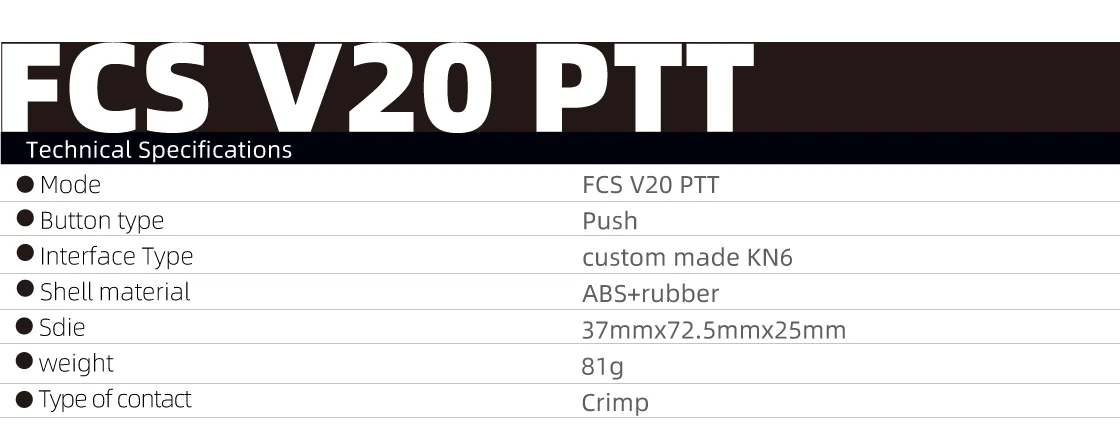 FCS TACTICAL V20 PTT Single Communication Channels for AMP Headset High Quality Tactical Call Accessories Lightweight Design