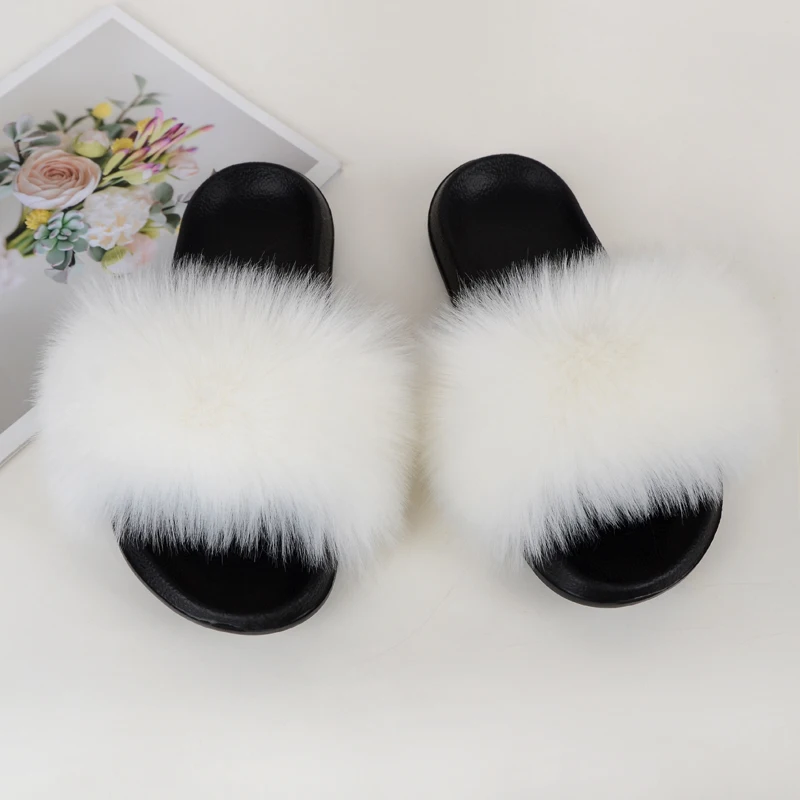 Summer Faux Fur Slides Women Furry Flat Ladies Casual Fox Fur Slippers Fashion Soft EVA Soles Fuzzy Beach Sandals Flip Flops