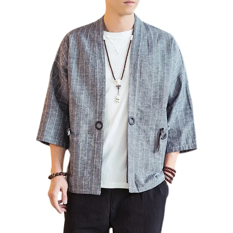 Men's Chinese Style Cotton Linen 3/4 Sleeve Shirt Striped Hanfu Tang Tops Loose Robe Gown Jacket Retro Coat