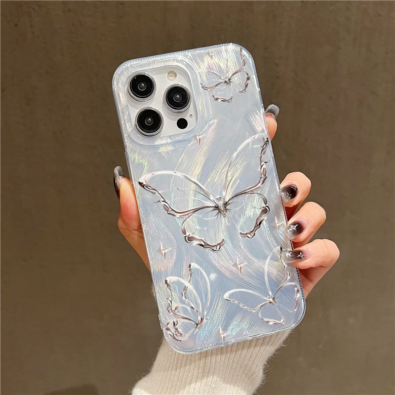 thumbnail image 1 of Funda de lujo para iPhone 14, 13, 15, 16 Pro Max, con mariposa plateada y láser, para iPhone 11, 12 Pro Max, XS, XR, 7, 8, 14, 15 Plus, 1 of 5