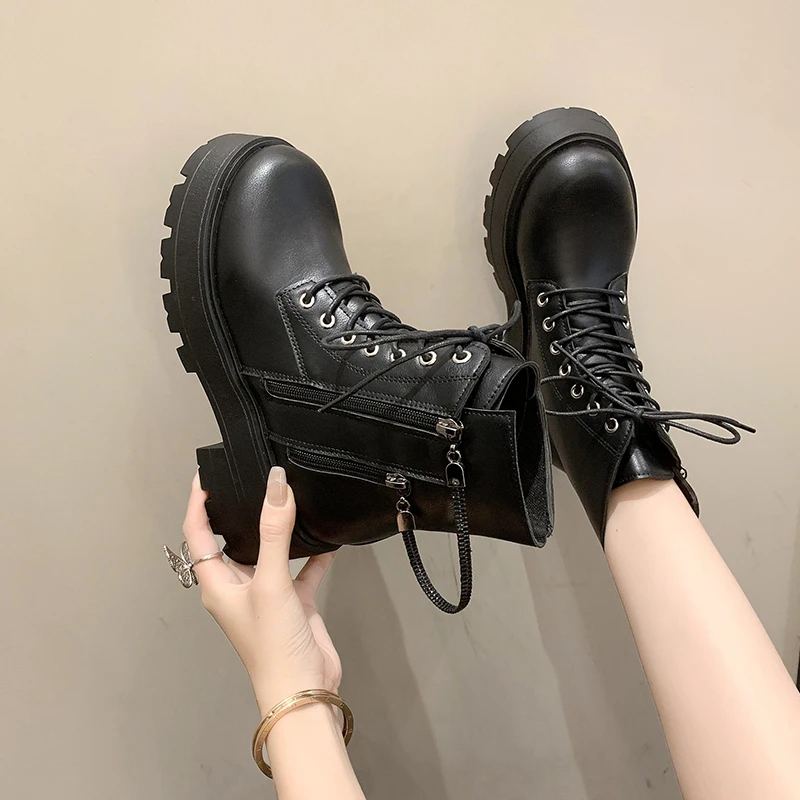 2023 PU Shoes for Women Platform Women's Boots Ankle Modern Boots Women Round Toe Lace Up Side Zip Fretwork Heel Ladies Shoes