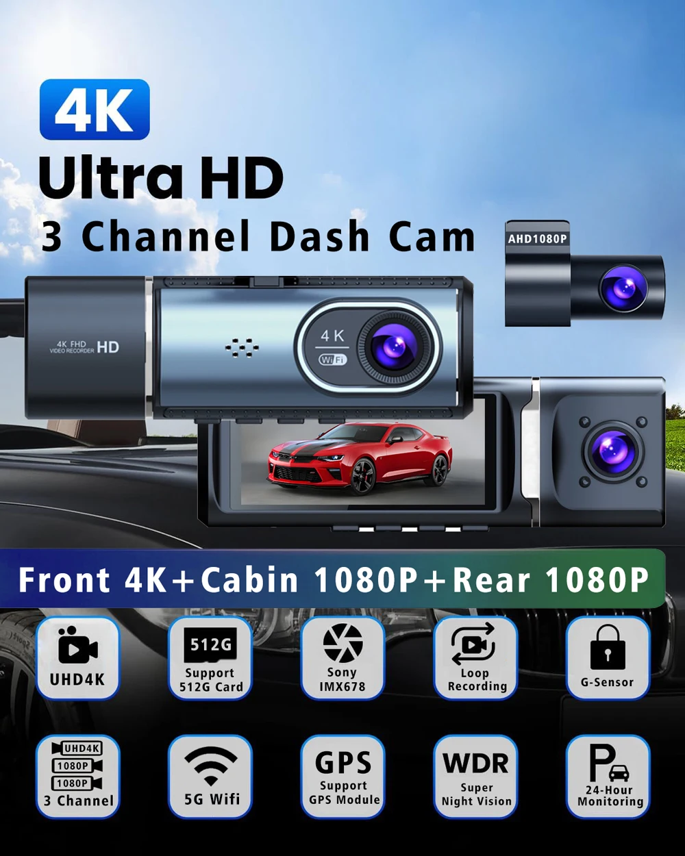 Description Picture 2 of item3 Channel 4K Dash Cam WIFI GPS Car Dvr Interior Camera Cabin Vehicle Recorder Dashcam Camcorder Video Registrator DVRS Black Box