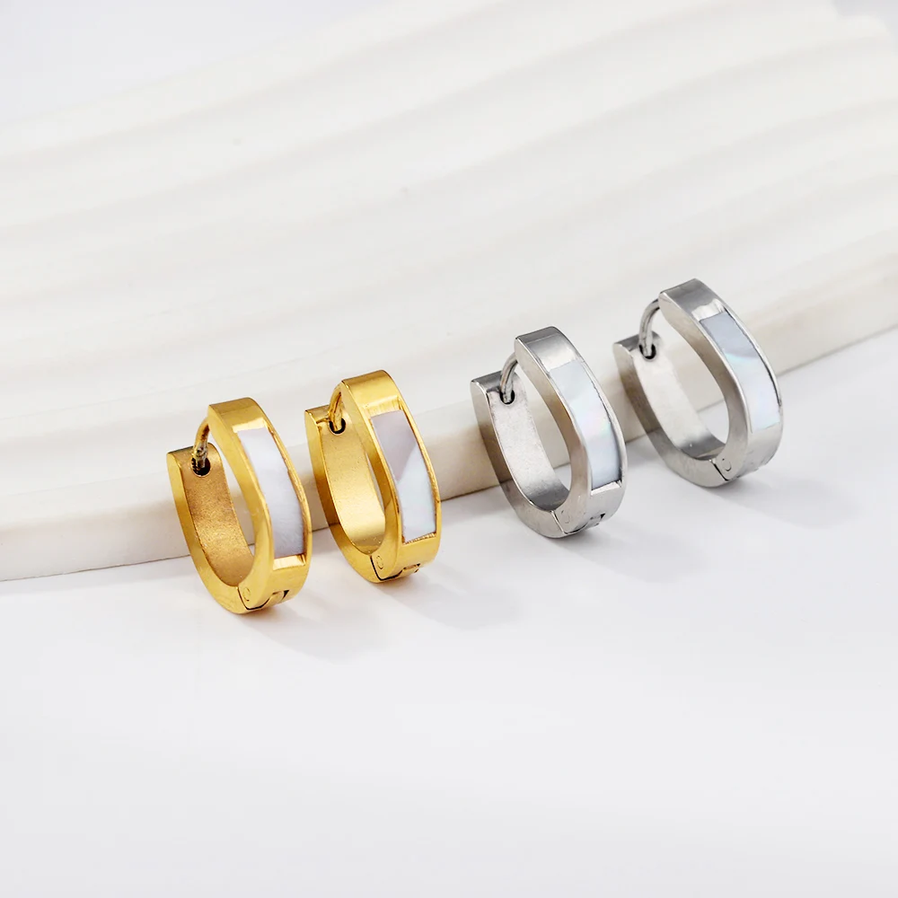 LUXUSTEEL 펑크 락 화이트 쉘 스테인리스 스틸 후프 귀걸이, 남녀공용, 금도금 실버 컬러, 원형 클립 귀걸이