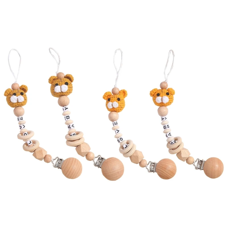 

Pacifier Chain with Knitted Animal Wood Pacifier Holder with Letters Pattern Pacifier Clip Anti-Lost Chain Durable