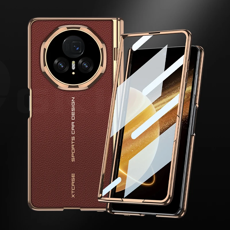 Luxury Plating Leather Screen Glass Case For Honor Magic V3 Magnetic Hinge Brack