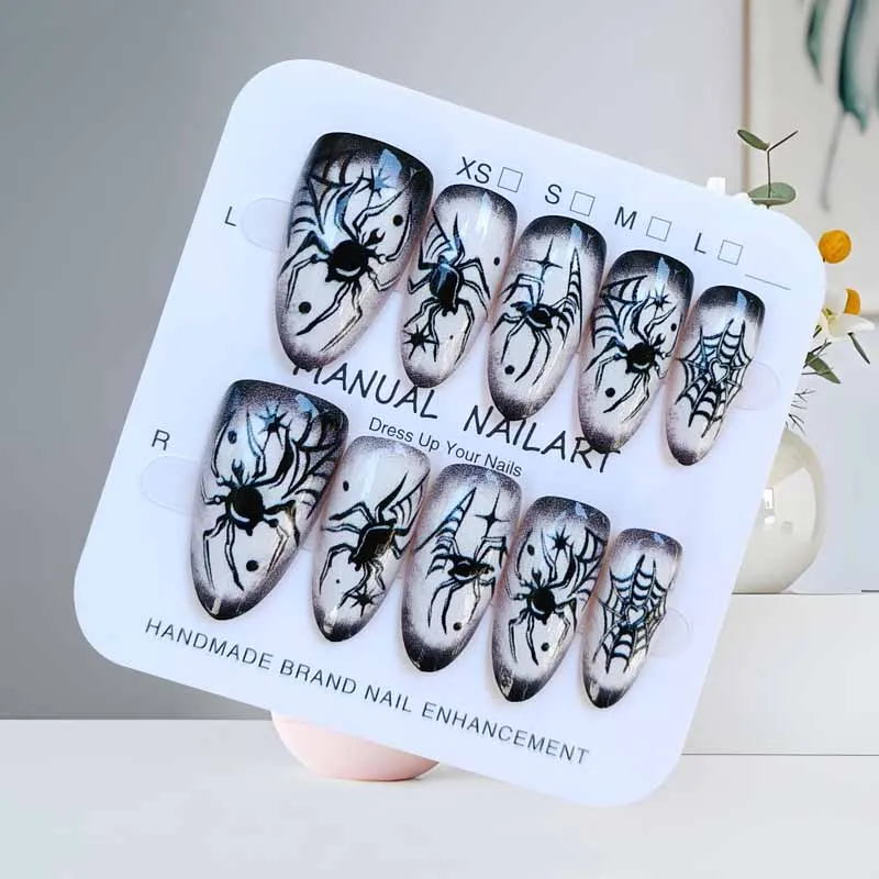 10Pcs Halloween Short Almond Shape Atmosphere Clown Black and White Ghost Spider Press on Nails Nail Patch False Nails Nails Art